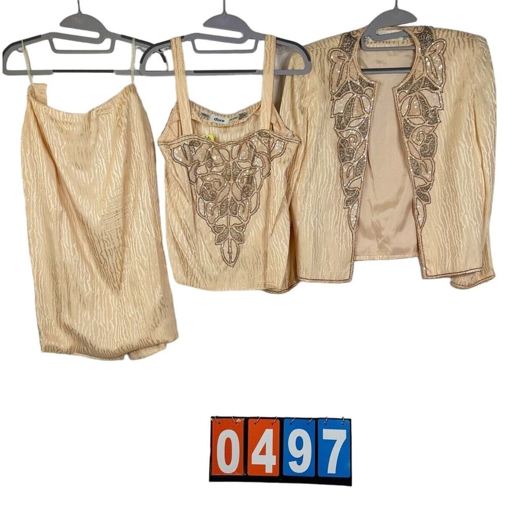 Vintage D'ore Women's 3 Piece Sequined Shimmery Peach Skirt Set Size 8
